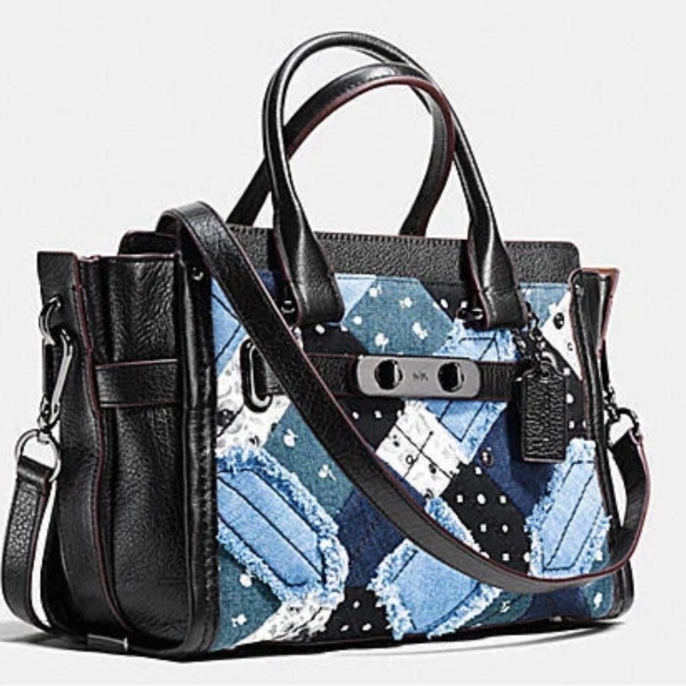 Coach 2016 Swagger 27 Canyon Quilt Denim Patchwork 2-way bag Pebble Leather-NWOT